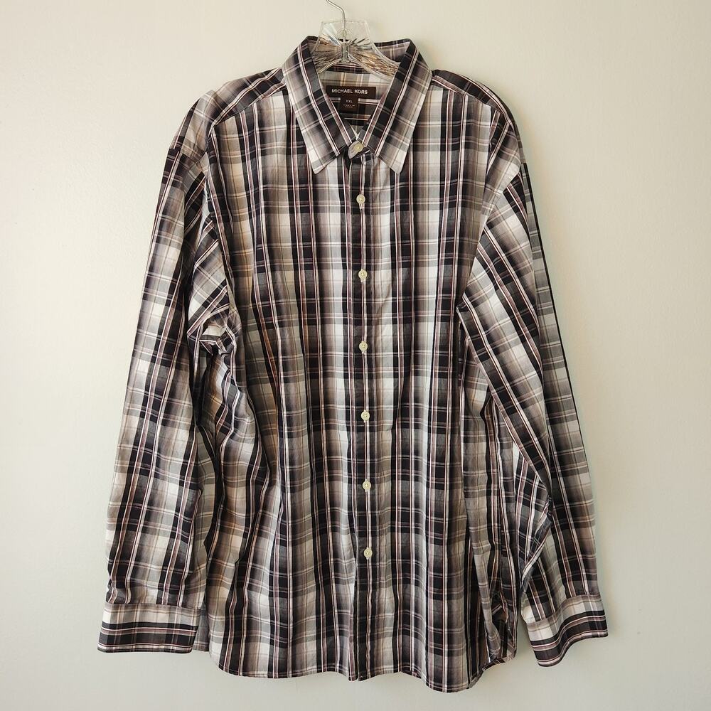 Michael Kors Dress Shirt Mens XXL Black Gray Plaid Cotton Button Up Businesscore